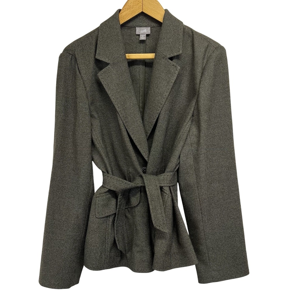 J. Jill Blazer Women 12 Green Gray Tonal Belted Stretch Single Button Career